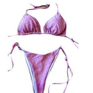 Pink String Bikini Shiny Texture Brazilian Swimwear Swimsuits Beach Vacation MED